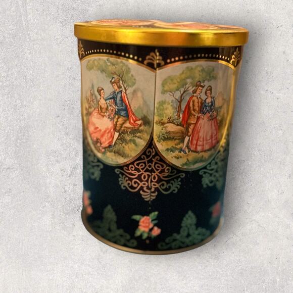 Round Regency Style Candy Tin, Vintage Victorian Black & Gold Tin - Picture 3 of 7